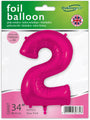 The 34" Number 2 New Pink Oaktree Brand Foil Balloon comes in packaging with multi-language info, a UK flag design, and notes it can be filled with helium or air.