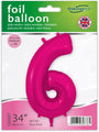 The Oaktree 34" Number 6 New Pink Foil Balloon comes in clear packaging with "foil balloon," GIANT 34 (86.4 cm), and a UK flag emblem. Ideal for birthdays, it can be filled with helium or air.