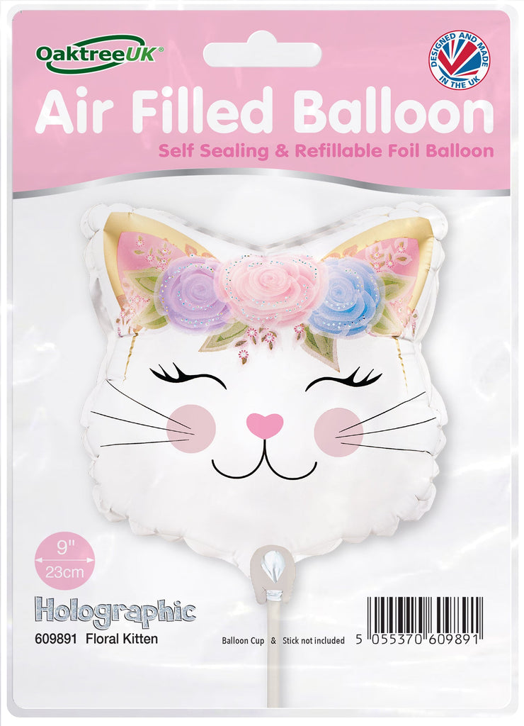 Uninflated Balloon Made by Oaktree UK. Balloon Size Measures  Mini Shape 9" Floral Kitten Holographic (For Air) Packaged.