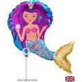 Oaktree 16" Airfill Only Iridescent Mermaid balloon with long purple hair, seashell crown, and shining fish tail. Ideal for mermaid parties. Sticks sold separately; UK flag shows “Balloon Stick Not Included.”.