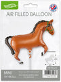 The Oaktree 15" Airfill Only Mini Shape Brown Horse balloon (sticks sold separately) comes packaged and is ideal for equestrian parties, featuring a metallic brown horse design and British flag on the packaging.