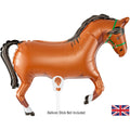 Oaktree 15" airfill only mini shape brown horse balloon with black mane and tail, white leg markings, and green bridle. Sticks sold separately. Features a small British flag in the bottom right corner.