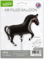 A 15.5" black horse metallic foil balloon by Oaktree, designed for air inflation only and packaged in a clear bag with product details and a British flag—great for party decorations or themed events.