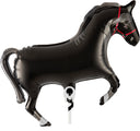 The 15.5" Airfill Only Oaktree Brand Horse Black balloon features a shiny black design with a red bridle, raised front leg, and white hoof accents on a white stick—perfect for themed parties or decorations.