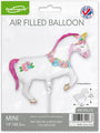 The Oaktree 15" Airfill Only Mini Shape Unicorn with Flowers Metallic Balloon is white with a pink mane and tail, decorated with pink, blue, and yellow flowers. Packaged to show product details and measurements. Sticks sold separately.