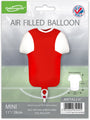 The 11" Oaktree Airfill Only Sports Shirt Balloon in red/white metallic is shown packaged with UK flag branding. This self-sealing, refillable foil balloon must be air filled only and measures 28 cm.