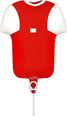 The Oaktree 11" Airfill Only Sports Shirt foil balloon features a red and white metallic design, shaped like a sports shirt with a rectangular white chest patch and handle at the bottom; air inflation only.
