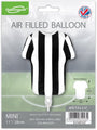 An 11" Oaktree sports shirt foil balloon, featuring black and white stripes and metallic finish, is packaged displaying the Oaktree logo, product info, a Made in the UK badge, and labeled "airfill only.