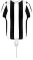 The Oaktree 11" Sports Shirt Black White Stripe Metallic Foil Balloon features a T-shirt shape with vertical stripes, airfill only. Packaged, pole not included.