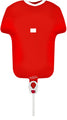 The 11" Oaktree Brand Sports Shirt Red Metallic foil balloon inflates with air, features a white chest rectangle, and sits on a white stand with red button and QuickPlay label—ideal for sports-themed party decor.