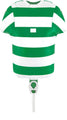 The 11" Oaktree Sports Shirt Green/White Hoop Metallic Foil Balloon, for air fill only, is perfect for sports-themed parties. Featuring jersey-style stripes in green and white, it's a standout Oaktree party decoration.