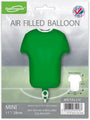 The 11" Oaktree Sports Shirt Green Metallic foil balloon is shown inflated in branded packaging with a UK flag. Designed for air only, this self-sealing, refillable party decoration is perfect for sports celebrations.