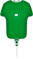 The 11" Oaktree Brand Sports Shirt Green Metallic Foil Balloon features a white rectangle and valve, comes on a white stick, and is ideal as a sports party decoration. Airfill only; packaged for convenience.