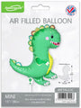 The Oaktree 15" Airfill Only Mini Shape Happy Dinosaur Metallic balloon features a smiling green dinosaur with yellow spots. Self-sealing and refillable, this balloon is perfect for kids' parties. Sticks sold separately. Packaged for convenience.