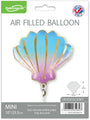 En el embalaje aparece un globo metálico con forma de concha de la marca Oaktree, de 10 pulgadas, que cuenta con una válvula autosellante. En la parte superior izquierda se muestra el logotipo de Oaktree, mientras que en la parte superior derecha se ve una etiqueta que indica «Fabricado en el Reino Unido». El texto destaca que este miniglobo, que solo se puede inflar con aire, es rellenable.