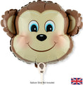 The Oaktree 10" Airfill Only Mini Shape Monkey Metallic balloon features a smiling monkey face with big blue eyes and blushing cheeks. Sticks are sold separately. Packaged with a small UK flag in the bottom right corner.