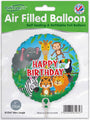 Oaktree 9" Mini Shape Happy Birthday Jungle metallic balloon features colorful cartoon jungle animals on a green leafy background with "HAPPY BIRTHDAY." Air-fill only, sticks sold separately. Perfect for birthday parties!.