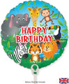 Oaktree 9" Airfill Only Mini Shape Happy Birthday Jungle Balloon features cartoon jungle animals and green leaves. UK flag and "Balloon Stick Not Included" at the bottom. Sticks sold separately.
