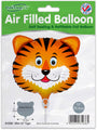 The Oaktree 10" Airfill Only Mini Shape Tiger Metallic Balloon features a cartoon tiger’s head with orange and black stripes, white cheeks, and a smile. Packaged, self-sealing, refillable—sticks sold separately. Perfect for jungle-themed parties.