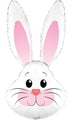 The 35" Oaktree Cute White Bunny Rabbit Foil Balloon features big pink and white ears, black eyes, a pink nose, and a smiling face with rosy cheeks. This Oaktree balloon is perfect for Easter decorations.