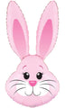 The 35" Oaktree Cute Pink Bunny Rabbit Foil Balloon features a smiling bunny face, large black eyes, a small pink nose, and tall upright ears with darker pink inner sections.