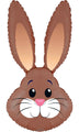 A 35" Oaktree Brand Cute Brown Bunny Rabbit Foil Balloon shaped like a cartoon bunny's head, with tall ears, big black eyes, a pink nose, and a smiling mouth with whiskers.