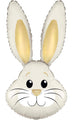 The 35" Oaktree Brand Cute Ivory Bunny Rabbit Foil Balloon features upright ears, big black eyes, a round nose, and a smiling mouth—perfect as an Easter party decoration.