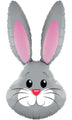 The 35" Oaktree Brand Cute Grey Bunny Rabbit Foil Balloon features big pink ears, expressive eyes, a pink nose, and a smiling mouth—perfect for Easter celebrations.
