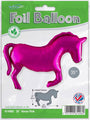 The Oaktree 35" Horse Solid Colour Pink Metallic Mylar/Foil Balloon comes packaged, showing an inflated pink horse balloon with dimensions and instructions for helium or air filling.