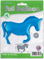 The 35" Oaktree Horse Solid Colour Blue Metallic Mylar Balloon is shown packaged with "Just add Helium or Air." Diagrams display its size—ideal as an Oaktree brand party decoration.