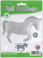 The Oaktree 35" Horse Solid Colour White Metallic Mylar/Foil Balloon comes packaged with a photo of the uninflated balloon, a size diagram, and text indicating it's suitable for helium or air.