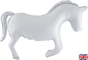 Uninflated Balloon Made by Oaktree UK. Balloon Size Measures  Shape 35" Horse Solid Colour White Metallic Packaged.