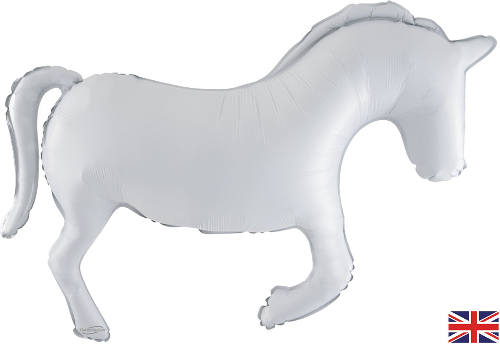 Uninflated Balloon Made by Oaktree UK. Balloon Size Measures  Shape 35" Horse Solid Colour White Metallic Packaged.