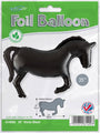 The Oaktree 35" Horse Solid Colour Black Metallic Mylar Balloon is shaped like a horse and ideal for equestrian parties. Packaging shows size specs and inflation instructions.
