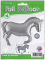 The 35" Horse Solid Colour Silver Metallic Mylar/Foil Balloon by Oaktree is shown on its packaged label, suitable for helium or air. Perfect for party decor, the packaging highlights eco-friendly features and clear size details.