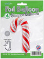 The Oaktree 35" Red White Candy Cane Metallic Mylar/Foil Balloon is displayed in its package, which notes it's a Christmas balloon designed for inflation and is biodegradable.
