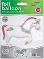 The 35" Oaktree Brand Unicorn Flower Horse Foil Balloon features a white unicorn with a pink mane, gold horn, closed eyes, and pastel flowers. Green Oaktree packaging includes branding and inflation instructions—ideal for unicorn birthday decor.