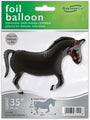 Oaktree 35" Black Horse Foil Balloon with red bridle, shown on packaging. Can be filled with helium or air—great for equestrian party decor.