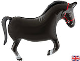 The 35" Oaktree Brand Black Horse Foil Balloon features white accents, a red bridle, and a small Union Jack flag. Ideal for equestrian party decor, it’s shown in profile against a white background.