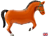The image shows a 35" Oaktree Brand Brown Horse Foil Balloon with a black mane and tail, green halter, white leg wraps, and a small UK flag in the lower right corner. Brand: Oaktree.