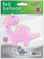 A packaged 33.5" Cute Dinosaur Pink Metallic Oaktree brand foil balloon, shown with a smiling face and yellow spots, can be inflated with helium or air and features the authentic Oaktree UK logo.