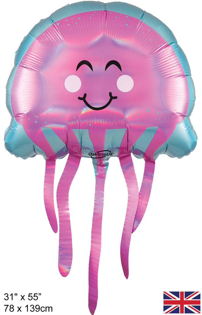 Uninflated Balloon Made by Oaktree UK. Balloon Size Measures  31" x 55" Shape Iridescent Jellyfish Packaged.