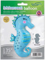 The 35" Shape Iridescent Seahorse Oaktree Brand Foil Balloon features a shimmering blue and aqua seahorse with pink cheeks and scale details. Suitable for helium or air inflation.