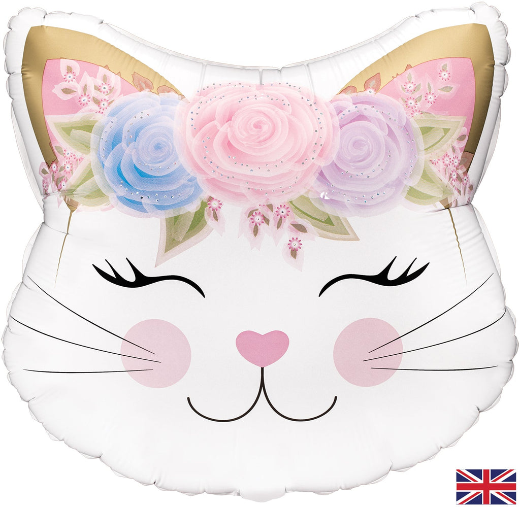 Uninflated Balloon Made by Oaktree UK. Balloon Size Measures  22" Shape Floral Kitten Holographic.