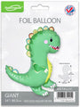 The 34" Oaktree Brand Happy Dinosaur Metallic Packaged Foil Balloon features a shiny green dinosaur with yellow spikes and a smiling face on white packaging with branding and product details—perfect for any birthday party.