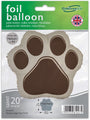 The Oaktree 20" Paw Print Brown Foil Balloon comes packaged with green and white accents, featuring a large paw print design. It’s suitable for filling with helium or air.