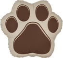 The 20" Oaktree Brand Paw Print Brown Foil Balloon features a cartoon dog paw shape with four toes and a central pad, in brown and tan colors.