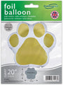 The 20" Oaktree Brand Paw Print White and Gold Foil Balloon comes packaged in green and white, with "foil balloon" at the top and the Oaktree logo in the upper right corner. The balloon is shaped like a paw print with gold pads.
