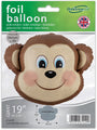 The 19" Oaktree Brand Monkey Foil Balloon, shaped like a smiling cartoon monkey face, comes packaged in green with the Oaktree logo at the top right—perfect for jungle or kids’ party decorations.