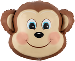 The 19" Oaktree Brand Monkey Foil Balloon features a shiny brown and beige cartoon monkey face with big eyes, round cheeks, and a cheerful smile—perfect for jungle or kids’ party decorations. Packaged by Oaktree.